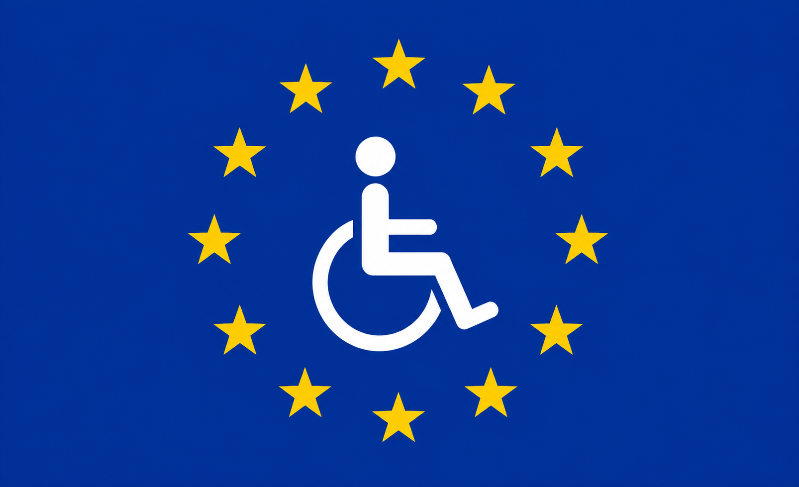 The wheelchair accessibility symbol inside the circle of gold stars from the EU flag