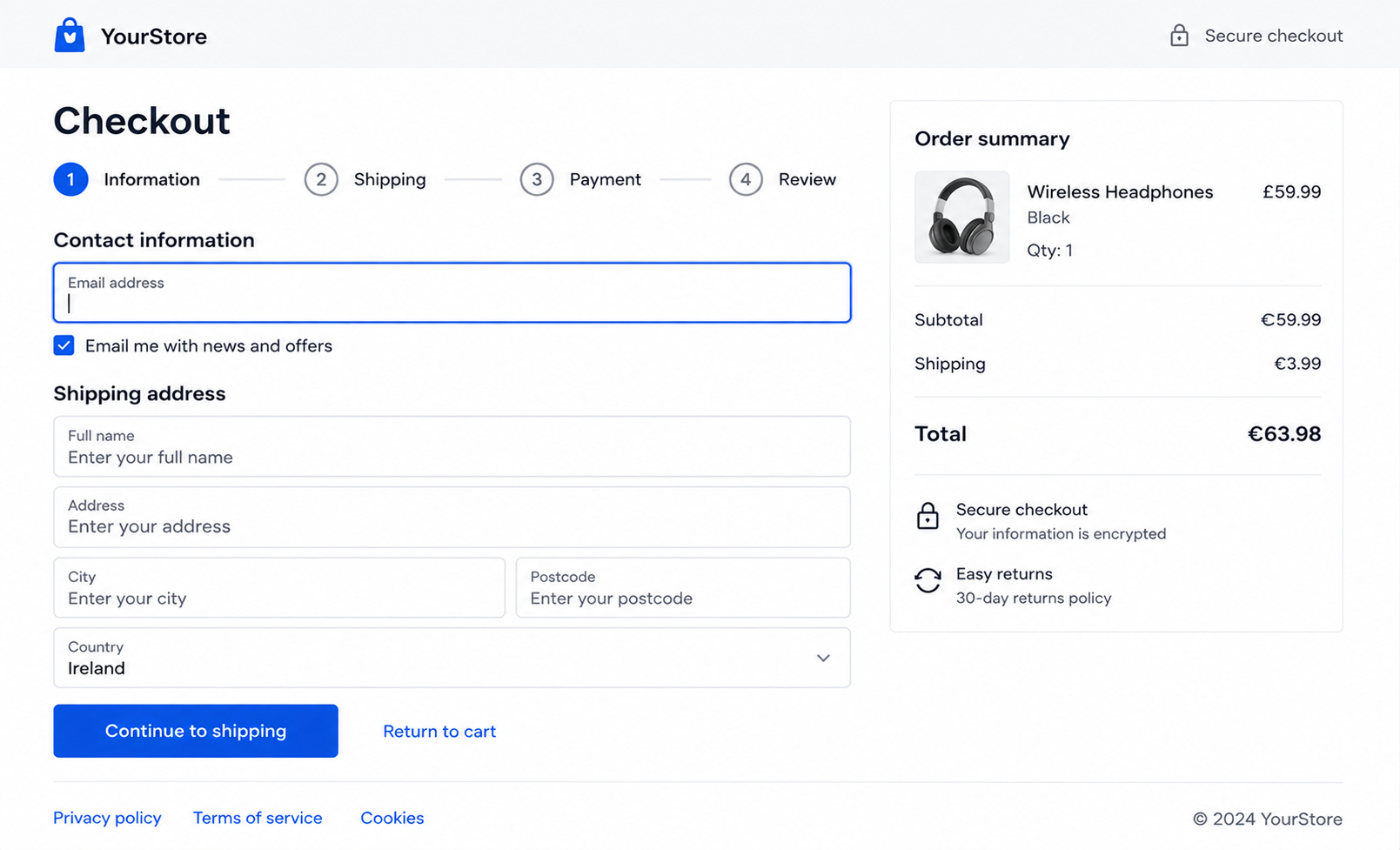 Example online shop checkout page with contact and shipping address fields and an order summary
